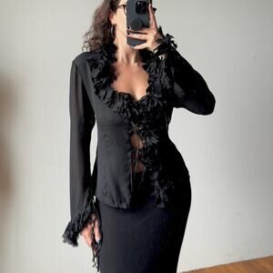 Vintage MARIELLA BURANI 90s Sheer Black Ruffle Collar Blouse